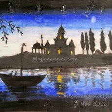 Riverside Temple Night View Painting