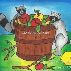 Racoons with an Apple Bucket painting