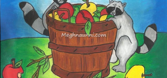Racoons with an Apple Bucket painting