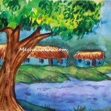 Serene Village Scene – Water Colour Painting