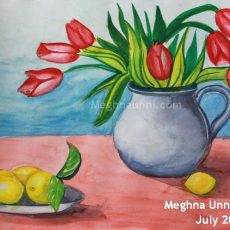 Flower Pot & Fruits Still Life Painting – Water Colour