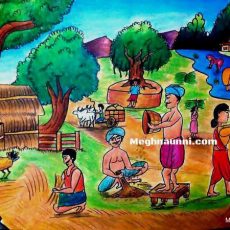 Village Farming : Oil Pastel Painting