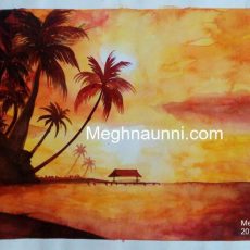Evening Landscape Monocolour Silhouette Painting