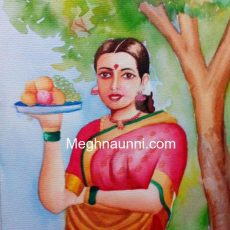 Lady with Fruit Basket Water Colour Painting