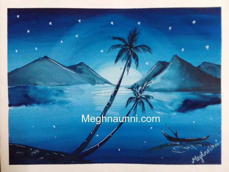 Nature Silhouette Blue Mono Colour Painting Meghnaunni Com - Basic Easy Poster Colour Painting For Beginners