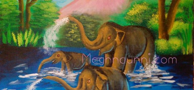 Elephants in Forest Acrylic Painting