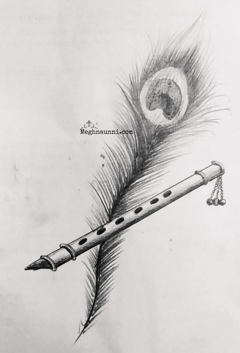 Peacock Feather & Flute Pencil Drawing – Meghnaunni.com