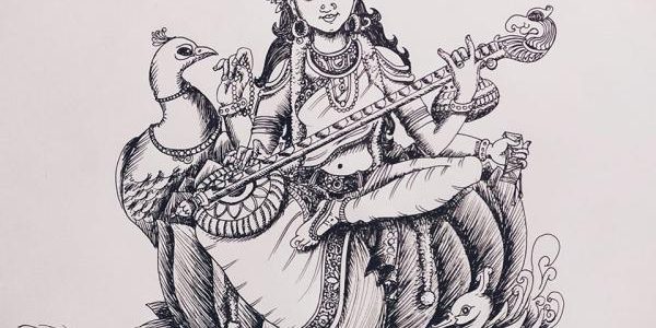 Goddess Saraswathi Pen Drawing Sketch – Happy Saraswati Pooja