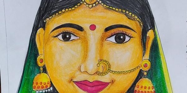 Traditional Indian Dancer Pencil Colour Drawing