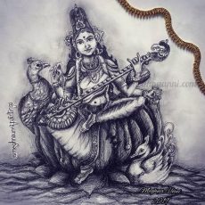 Saraswati Devi Pen Drawing with Pencil Shading