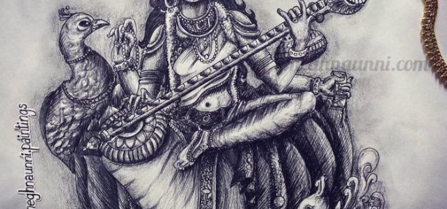 Saraswati Devi Pen Drawing with Pencil Shading