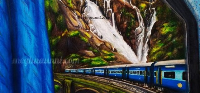 Dūdh Sāgar Waterfalls from a Train Window Painting