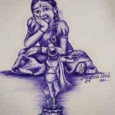 Little Girl Adores Lord Krishna Idol Ball Pen Drawing