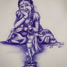 Little Girl Adores Lord Krishna Idol Ball Pen Drawing