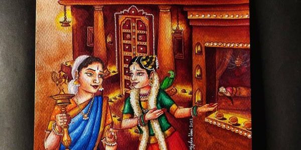 “Thoomani Maadathu” | Thiruppavai Pasuram 9 Painting “Thoomani Maadathu” | Thiruppavai Pasuram 9 Painting
