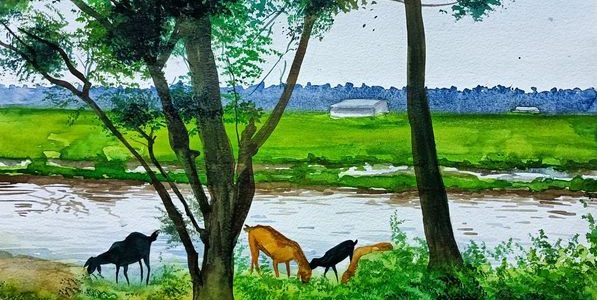 Riverside Landscape – Watercolor Painting