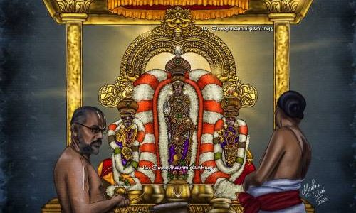 Kanchi Varadar Vaigasi Brahmotsavam Day 1 | Thanga Chapparam and Simha Vahanam Digital Painting Kanchi Varadar Vaigasi Brahmotsavam Day 1 | Thanga Chapparam and Simha Vahanam Digital Painting